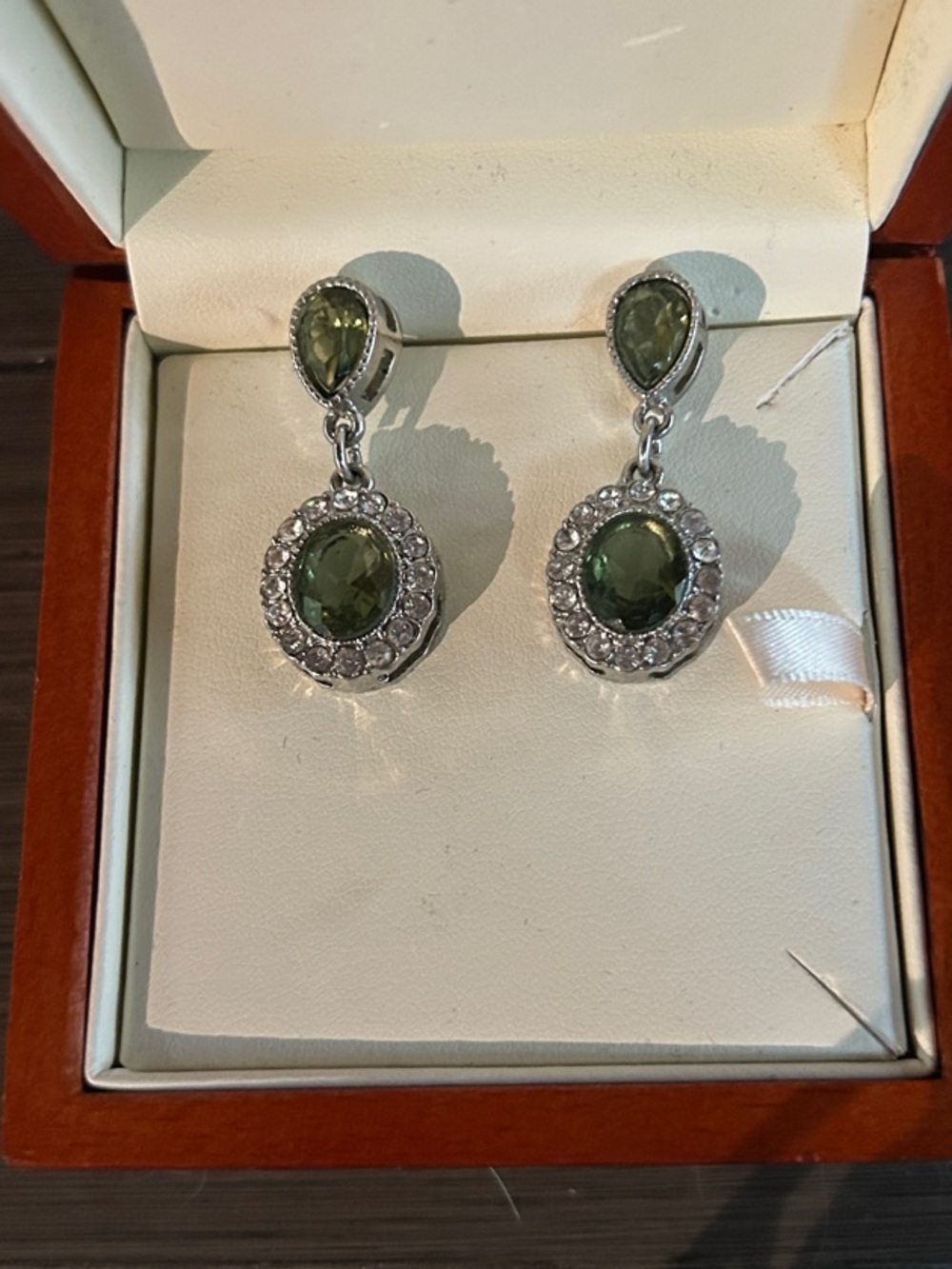 Sterling Silver Green Drop Earrings with Halo Zirconia Accents